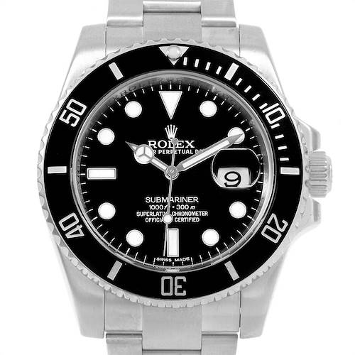 The image shows a front view of a Rolex Submariner 116610 Men's Stainless Steel Black Dial 116610 Men's Stainless Steel Black Dial, displaying its bezel, dial, hands, and bracelet.