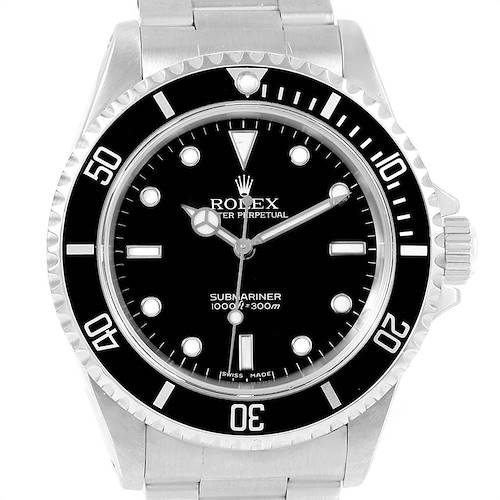 This is a front view of a Rolex Submariner 14060 Men's Stainless Steel Black Dial 14060 Men's Stainless Steel Black Dial watch showing its bezel, dial, hands, and part of the bracelet.