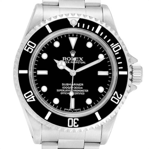 The image shows the Rolex Submariner 14060 Men's Stainless Steel Black Dial 14060 Men's Stainless Steel Black Dial watch from a front angle, highlighting the bezel, dial, hands, and part of the bracelet.