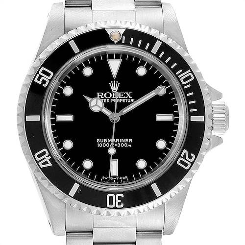The image shows a front view of a Rolex Submariner 14060 Men's Stainless Steel Black Dial 14060 Men's Stainless Steel Black Dial watch, featuring the dial, bezel, and part of the bracelet.