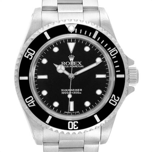 The image shows a frontal view of a Rolex Submariner 14060 Men's Stainless Steel Black Dial 14060 Men's Stainless Steel Black Dial watch, highlighting the dial, bezel, and bracelet.