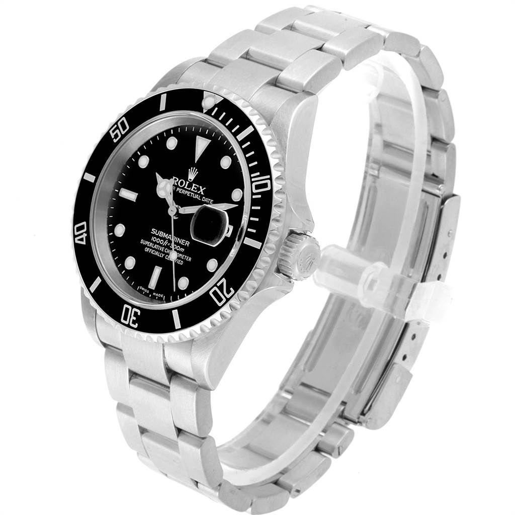 The Rolex Submariner 16610 Men's Stainless Steel Black Dial 16610 Men's Stainless Steel Black Dial watch is shown at a 3/4 angle, highlighting the bezel, dial, case, and bracelet.
