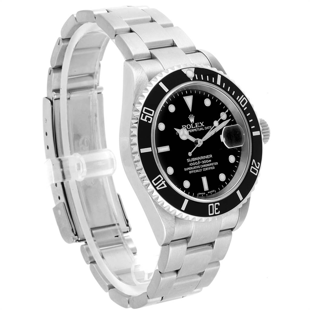 The image shows a Rolex Submariner 16610 Men's Stainless Steel Black Dial 16610 Men's Stainless Steel Black Dial watch at a three-quarter angle, displaying its face, bezel, crown, and the bracelet.