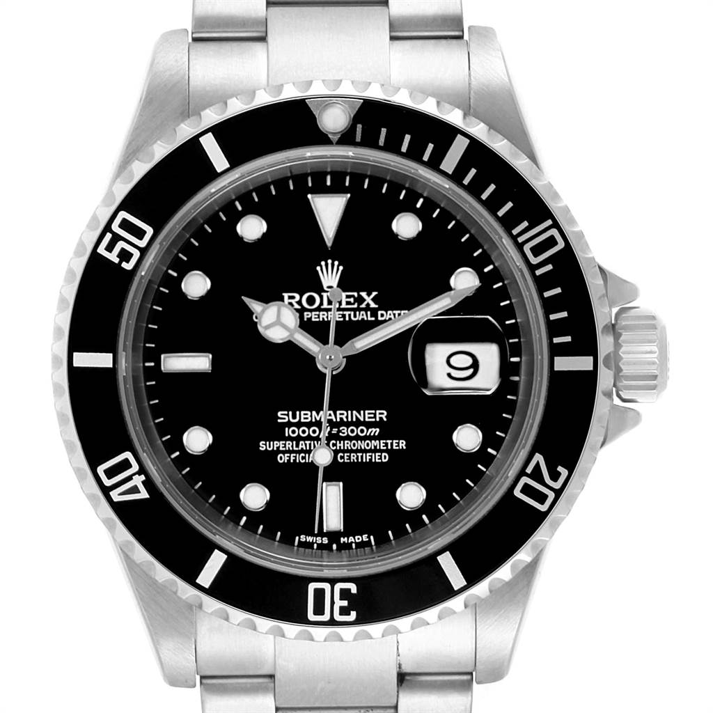 The image shows a frontal view of a Rolex Submariner 16610 Men's Stainless Steel Black Dial 16610 Men's Stainless Steel Black Dial watch, highlighting its black bezel, dial, luminescent markers, and date window at 3 o'clock.