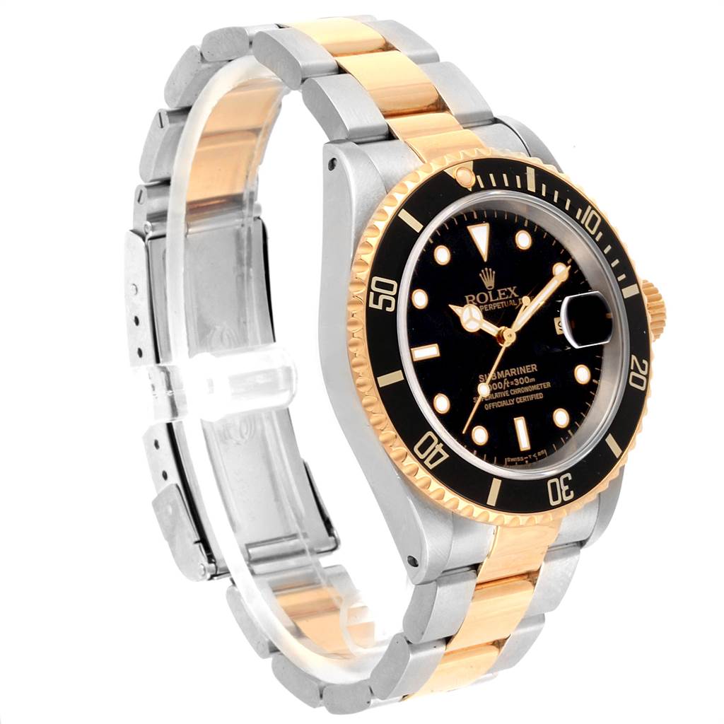 The image shows a Rolex Submariner 16613 Men's Steel and Gold (two tone) Black Dial 16613 Men's Steel and Gold (two tone) Black Dial watch at an angle, highlighting its black dial, bezel, and the two-tone metal bracelet.