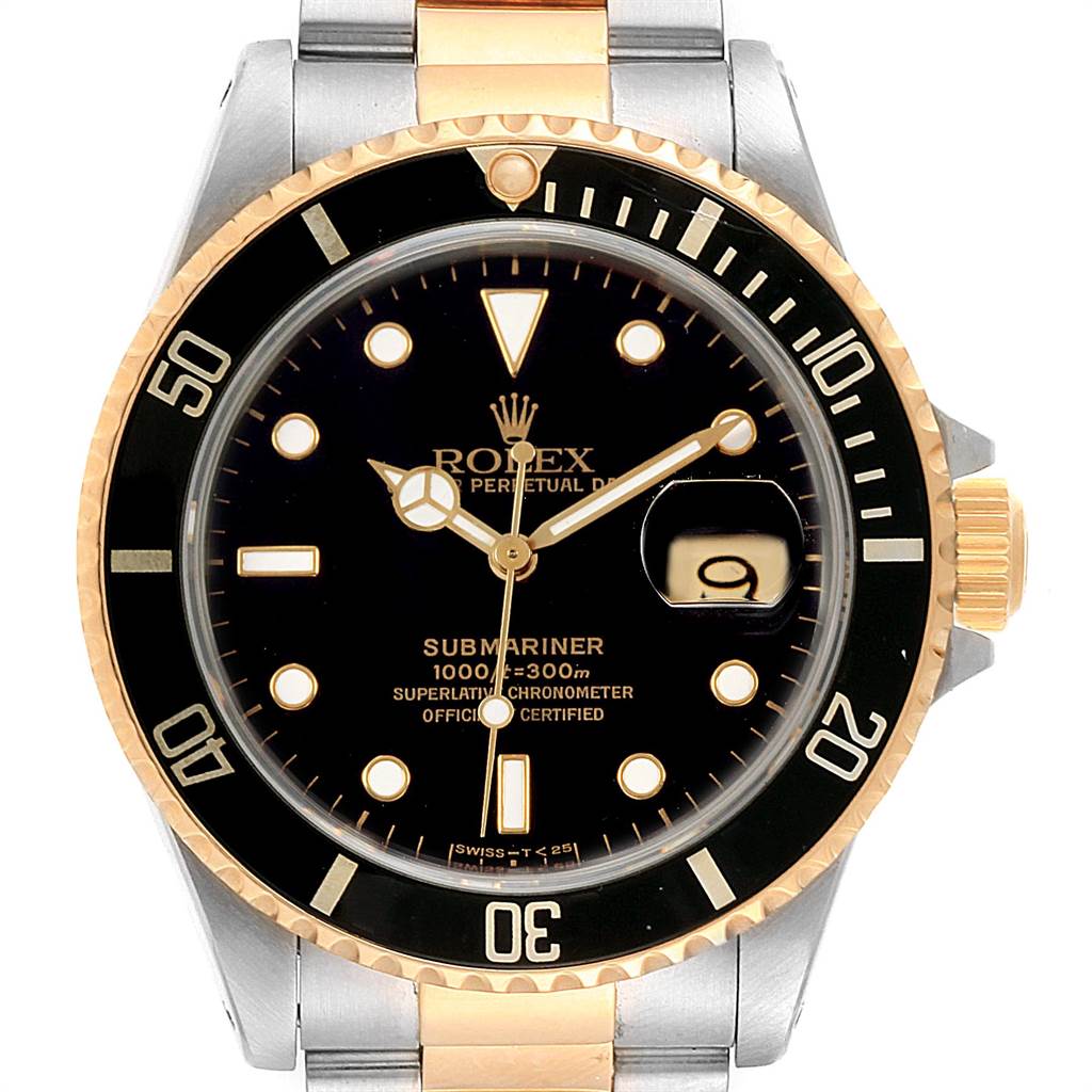 This image shows a Rolex Submariner 16613 Men's Steel and Gold (two tone) Black Dial 16613 Men's Steel and Gold (two tone) Black Dial watch from a front angle, displaying the dial, bezel, crown, and part of the bracelet.