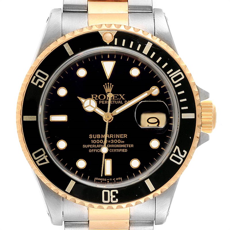 This image shows a Rolex Submariner 16613 Men's Steel and Gold (two tone) Black Dial 16613 Men's Steel and Gold (two tone) Black Dial watch from a front angle, displaying the dial, bezel, crown, and part of the bracelet.