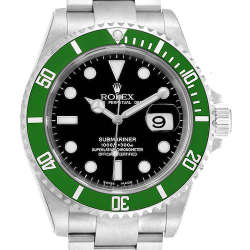 The image shows a frontal view of a Rolex Submariner 16610LV Men's Stainless Steel Black Dial 16610LV Men's Stainless Steel Black Dial watch, highlighting its green bezel, black dial, and stainless steel bracelet.