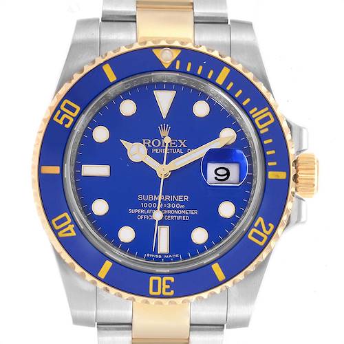 The Rolex Submariner 116613 Men's Steel and Gold (two tone) Blue Dial 116613 Men's Steel and Gold (two tone) Blue Dial watch is shown from the front, displaying the blue dial, bezel, and part of the two-tone bracelet.