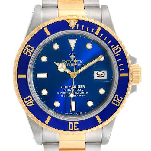 The Rolex Submariner 16803 Men's Steel and Gold (two tone) Blue Dial 16803 Men's Steel and Gold (two tone) Blue Dial watch is shown from the front, highlighting the bezel, dial, hands, and date window.