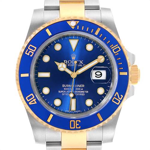 This image shows a front view of the Rolex Submariner 116613 Men's Steel and Gold (two tone) Blue Dial 116613 Men's Steel and Gold (two tone) Blue Dial watch with a blue dial and bezel, and gold and silver accents.