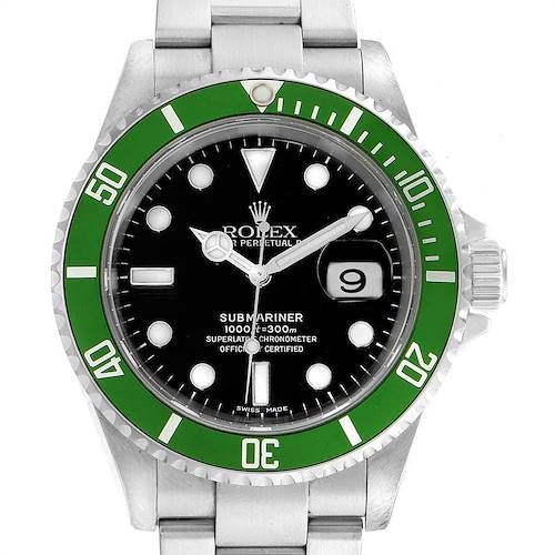 This image shows a front view of the Rolex Submariner 16610LV Men's Stainless Steel Black Dial 16610LV Men's Stainless Steel Black Dial, featuring the bezel, dial, hands, bracelet, and date window.