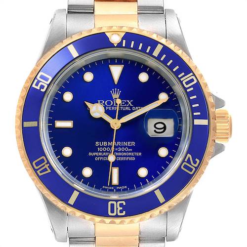 The image shows a frontal view of the Rolex Submariner 16613 Men's Steel and Gold (two tone) Blue Dial 16613 Men's Steel and Gold (two tone) Blue Dial watch, highlighting its blue dial, gold and silver bezel, and bracelet.