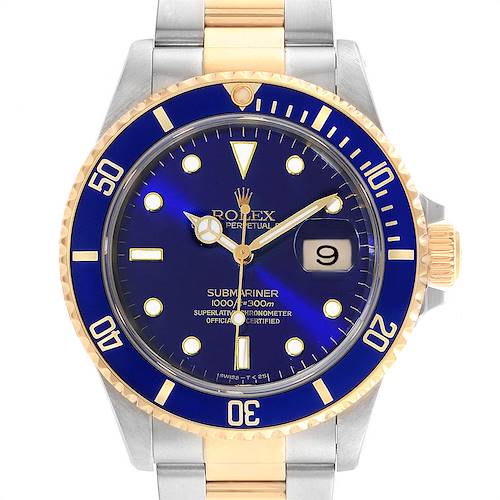 The image shows a Rolex Submariner 16613 Men's Steel and Gold (two tone) Blue Dial 16613 Men's Steel and Gold (two tone) Blue Dial watch from a front view, highlighting the dial, bezel, bracelet, and date window.