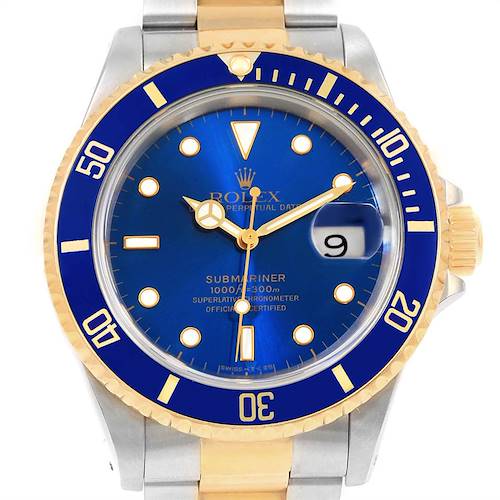 This image shows a front view of a Rolex Submariner 16613 Men's Steel and Gold (two tone) Blue Dial 16613 Men's Steel and Gold (two tone) Blue Dial watch, highlighting its blue dial, gold accents, and bezel.