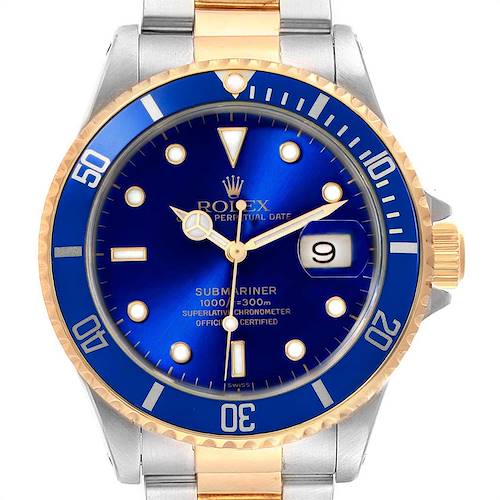 This image shows a front view of a Rolex Submariner 16613 Men's Steel and Gold (two tone) Blue Dial 16613 Men's Steel and Gold (two tone) Blue Dial watch, highlighting its blue dial, bezel, and two-tone metal bracelet.