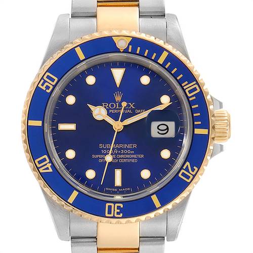 This image shows a front view of a Rolex Submariner 16613 Men's Steel and Gold (two tone) Blue Dial 16613 Men's Steel and Gold (two tone) Blue Dial watch, highlighting its blue dial, gold accents, and metal bracelet.