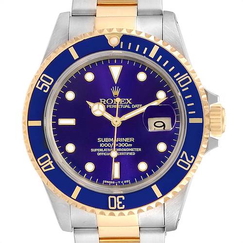 This image shows a front view of the dial and bezel of a Rolex Submariner 16613 Men's Steel and Gold (two tone) Blue Dial 16613 Men's Steel and Gold (two tone) Blue Dial watch with a blue and gold color scheme.