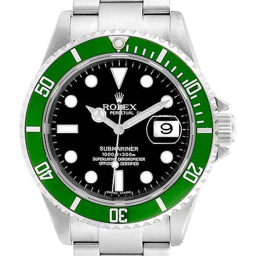 This image shows a front view of a Rolex Submariner 16610LV Men's Stainless Steel Black Dial 16610LV Men's Stainless Steel Black Dial watch, featuring a green bezel, black dial, and stainless steel bracelet.