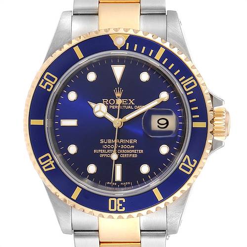 This image shows a front view of the Rolex Submariner 16613 Men's Steel and Gold (two tone) Blue Dial 16613 Men's Steel and Gold (two tone) Blue Dial, highlighting its blue dial, gold accents, and stainless steel bracelet.