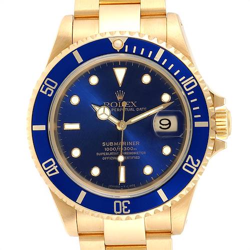 The image shows a frontal view of a Rolex Submariner 16618 Men's Yellow Gold Blue Dial 16618 Men's Yellow Gold Blue Dial watch featuring a blue dial, gold case, and bracelet.