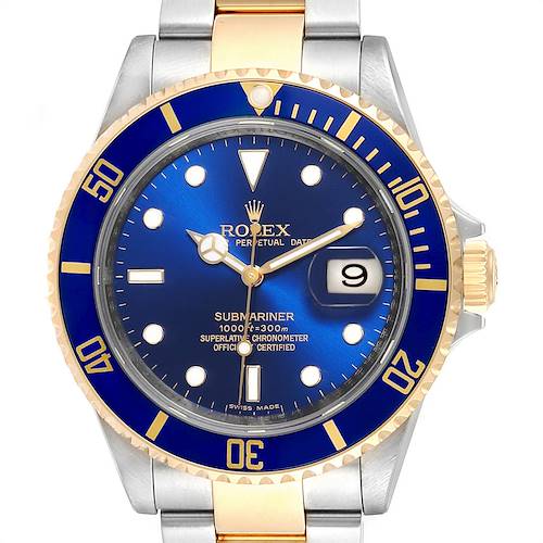 The image shows a front view of a Rolex Submariner 16613 Men's Steel and Gold (two tone) Blue Dial 16613 Men's Steel and Gold (two tone) Blue Dial, highlighting its blue dial, bezel, and the two-tone metal bracelet.