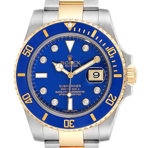 This image shows a close-up of the Rolex Submariner 116613 Men's Steel and Gold (two tone) Blue Dial 116613 Men's Steel and Gold (two tone) Blue Dial watch face, highlighting the blue dial, gold accents, and date magnifier.