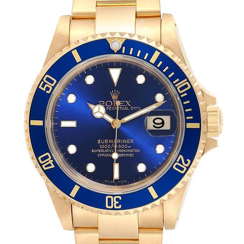 This image shows a front view of a Rolex Submariner 16618 Men's Yellow Gold Blue Dial 16618 Men's Yellow Gold Blue Dial watch, displaying its blue dial, bezel, and gold bracelet.