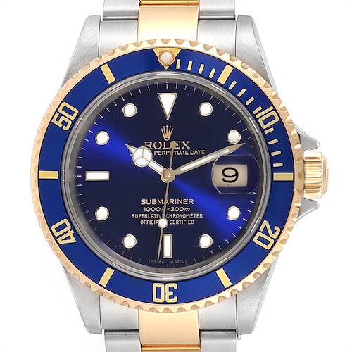 This image shows a top view of a Rolex Submariner 16613 Men's Steel and Gold (two tone) Blue Dial 16613 Men's Steel and Gold (two tone) Blue Dial watch, highlighting its bezel, dial, hands, and bracelet.