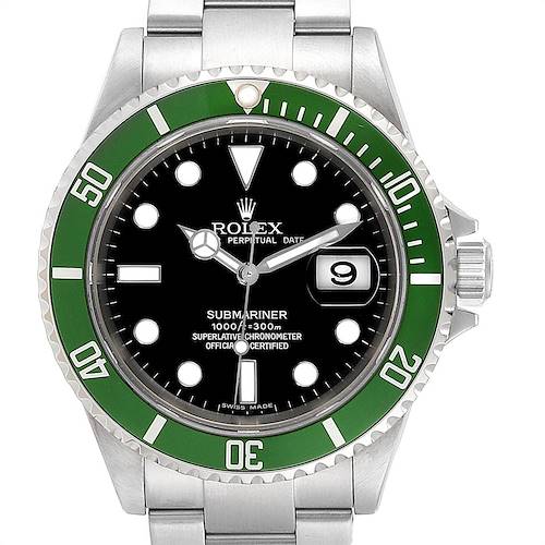 This image shows a Rolex Submariner 16610LV Men's Stainless Steel Black Dial 16610LV Men's Stainless Steel Black Dial watch from the front, highlighting the bezel, dial, and bracelet.