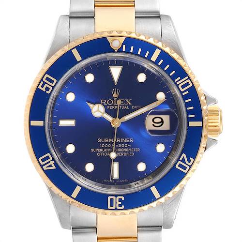 The image shows a front view of a Rolex Submariner 16613 Men's Steel and Gold (two tone) Blue Dial 16613 Men's Steel and Gold (two tone) Blue Dial watch with a blue dial and bezel, and partial metal bracelet.
