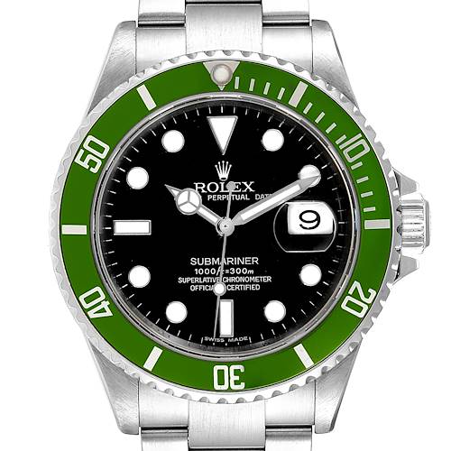 The image shows a front view of the Rolex Submariner 16610LV Men's Stainless Steel Black Dial 16610LV Men's Stainless Steel Black Dial, highlighting its green bezel, black dial, and date window at 3 o'clock.