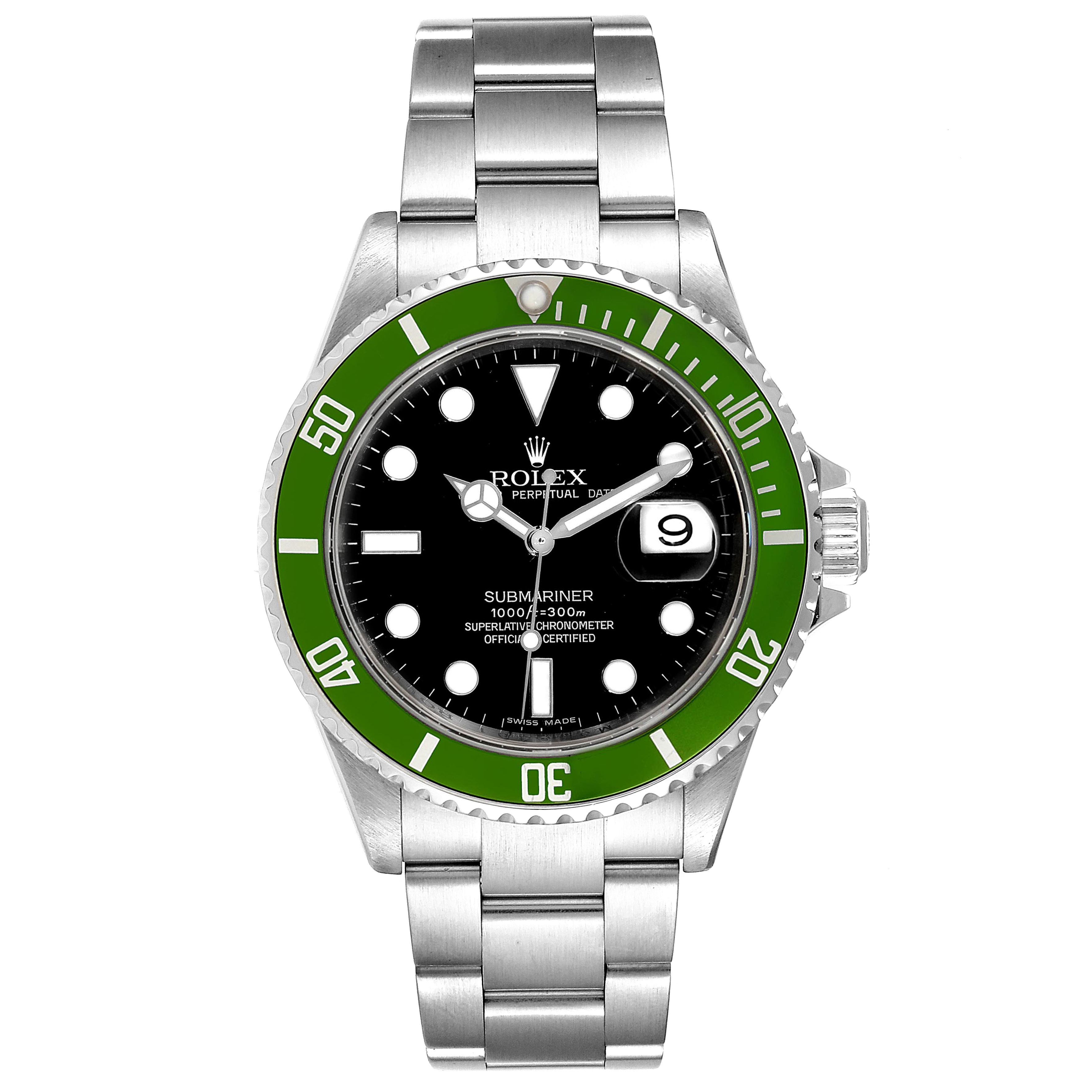 This image shows a Rolex Submariner 16610LV Men's Stainless Steel Black Dial 16610LV Men's Stainless Steel Black Dial watch from a front view, highlighting its dial, green bezel, and stainless steel bracelet.
