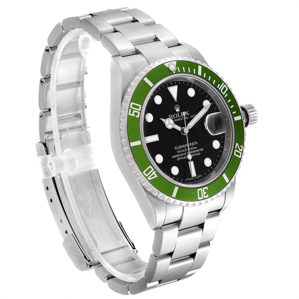The Rolex Submariner 16610LV Men's Stainless Steel Black Dial 16610LV Men's Stainless Steel Black Dial watch is shown at a three-quarter angle, displaying its green bezel, black dial, and stainless steel bracelet.