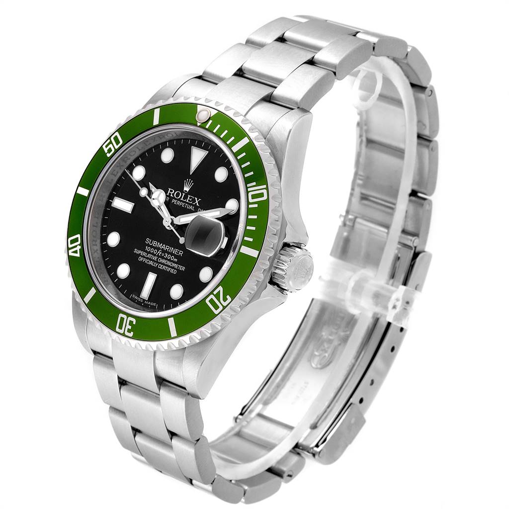 The image shows a three-quarters view of a Rolex Submariner 16610LV Men's Stainless Steel Black Dial 16610LV Men's Stainless Steel Black Dial watch, featuring a green bezel and stainless steel bracelet.