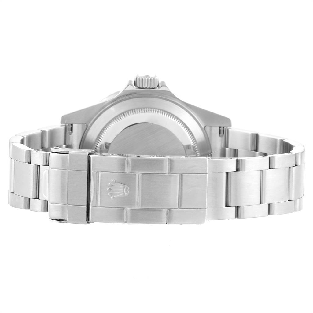 This image shows the back view of the Rolex Submariner 16610LV Men's Stainless Steel Black Dial 16610LV Men's Stainless Steel Black Dial, focusing on the case back and the bracelet with the clasp.