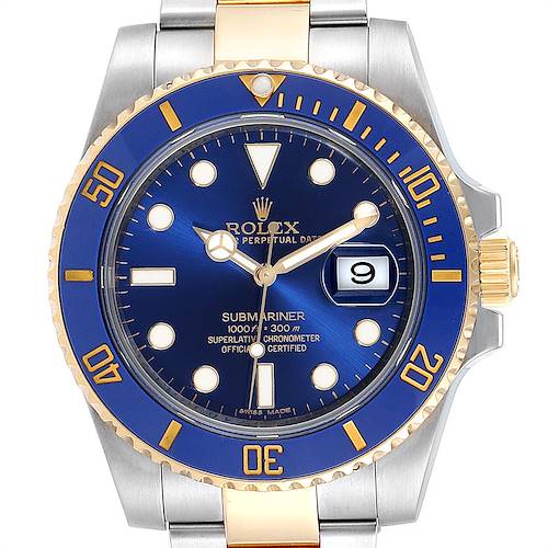 The Rolex Submariner 116613 Men's Steel and Gold (two tone) Blue Dial 116613 Men's Steel and Gold (two tone) Blue Dial watch is shown from a front angle, highlighting its blue dial, date display, and two-tone bezel.