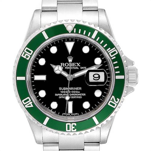 This image shows a Rolex Submariner 16610LV Men's Stainless Steel Black Dial 16610LV Men's Stainless Steel Black Dial watch from a front-facing angle, highlighting its green bezel, black dial, and date window.