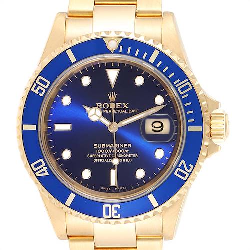 The image shows a front view of a Rolex Submariner 16618 Men's Yellow Gold Blue Dial 16618 Men's Yellow Gold Blue Dial watch, highlighting its dial, bezel, and bracelet.