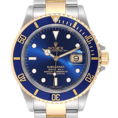 This image shows a front view of a Rolex Submariner 16613 Men's Steel and Gold (two tone) Blue Dial 16613 Men's Steel and Gold (two tone) Blue Dial watch, featuring its blue dial, date window, and two-tone bezel and bracelet.