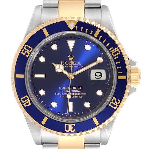 The image shows a frontal view of a Rolex Submariner 16613 Men's Steel and Gold (two tone) Blue Dial 16613 Men's Steel and Gold (two tone) Blue Dial watch, highlighting its blue dial, gold accents, and date window at 3 o'clock.