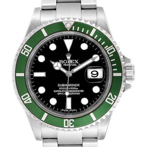 This is a front view of a Rolex Submariner 16610LV Men's Stainless Steel Black Dial 16610LV Men's Stainless Steel Black Dial watch, showcasing the dial, bezel, and bracelet.