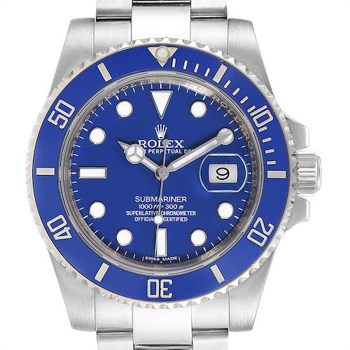 This image shows a front view of the Rolex Submariner 116619 Men's White Gold Blue Dial 116619 Men's White Gold Blue Dial watch, highlighting its blue dial, bezel, and stainless steel bracelet.