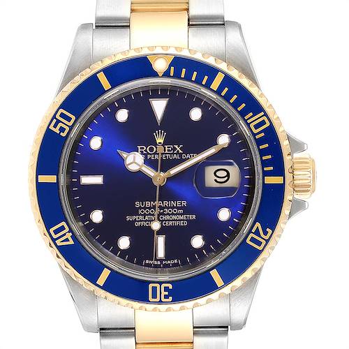 The image shows a front view of a Rolex Submariner 16613 Men's Steel and Gold (two tone) Blue Dial 16613 Men's Steel and Gold (two tone) Blue Dial watch, featuring a blue dial, date window, and gold and silver bracelet.