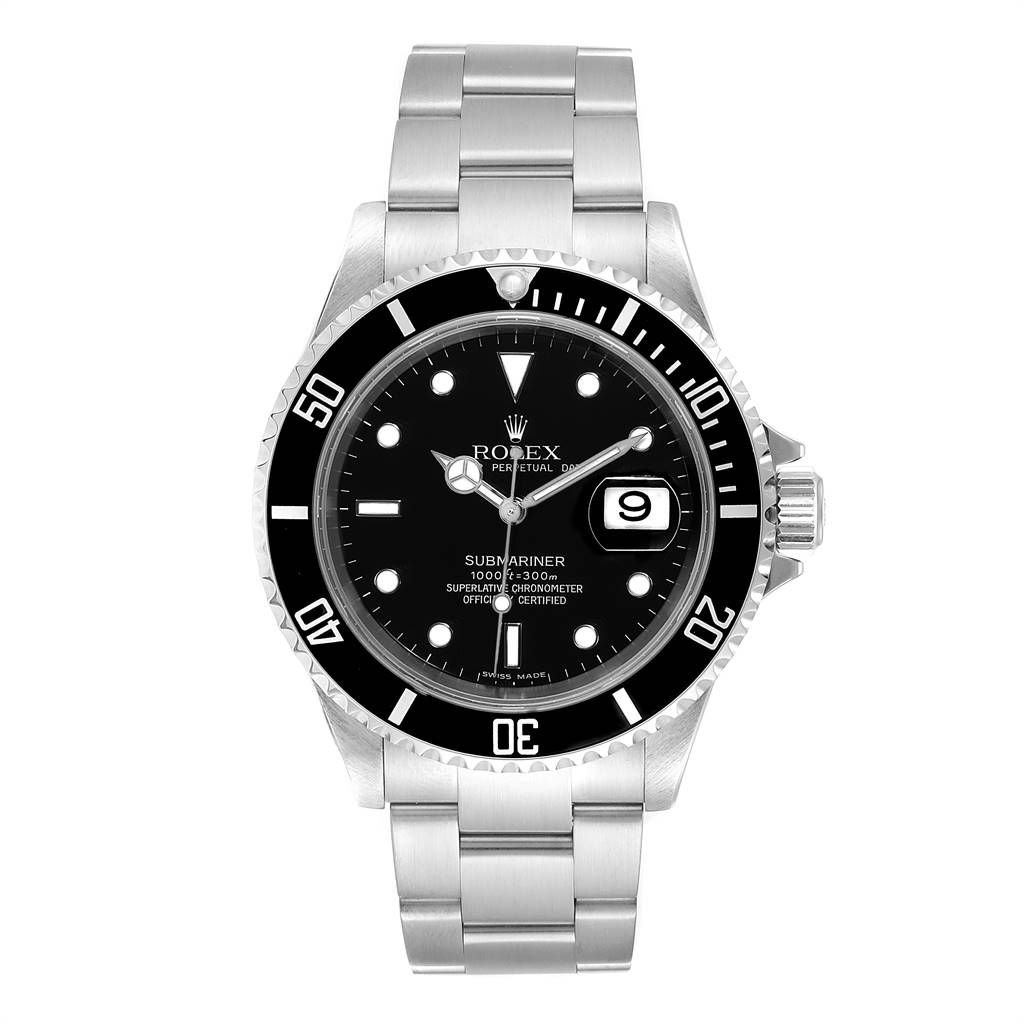 The Rolex Submariner 16610 Men's Stainless Steel Black Dial 16610 Men's Stainless Steel Black Dial watch is shown from the front, displaying the face, bezel, and bracelet.