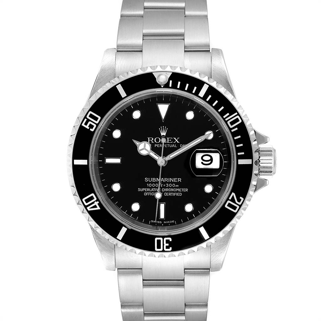 The image shows a Rolex Submariner 16610 Men's Stainless Steel Black Dial 16610 Men's Stainless Steel Black Dial watch from a front angle, highlighting the dial, bezel, date window, and bracelet.