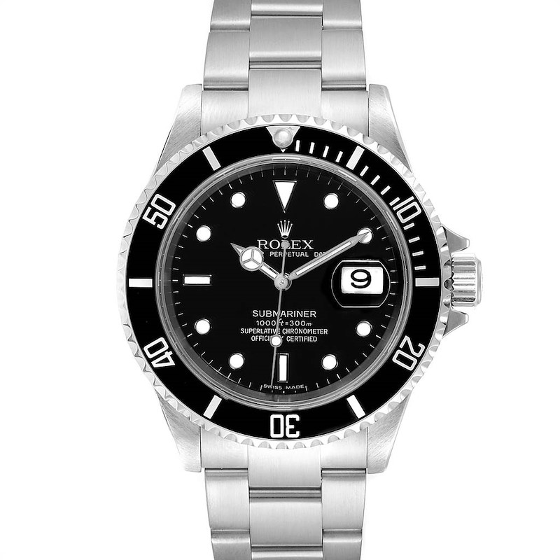 The image shows a Rolex Submariner 16610 Men's Stainless Steel Black Dial 16610 Men's Stainless Steel Black Dial watch from a front angle, highlighting the dial, bezel, date window, and bracelet.