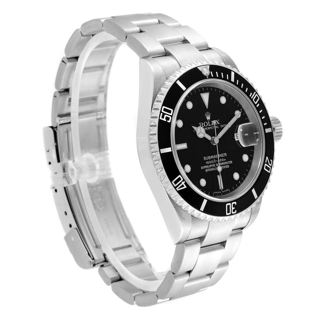 The image shows a Rolex Submariner 16610 Men's Stainless Steel Black Dial 16610 Men's Stainless Steel Black Dial watch at a three-quarter angle, highlighting the face, bezel, and bracelet.