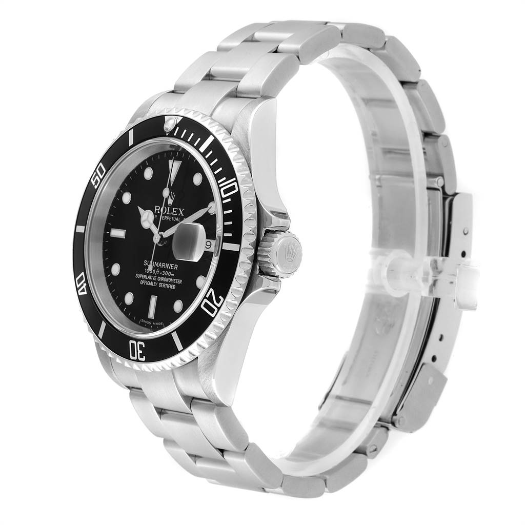 This image shows a Rolex Submariner 16610 Men's Stainless Steel Black Dial 16610 Men's Stainless Steel Black Dial watch from a side angle, displaying the dial, bezel, bracelet, and crown.