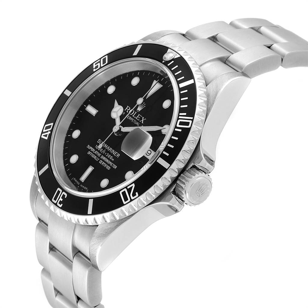The image shows a side-angle view of a Rolex Submariner 16610 Men's Stainless Steel Black Dial 16610 Men's Stainless Steel Black Dial watch, highlighting the bezel, face, crown, and bracelet.
